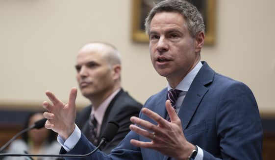 Michael Shellenberger with Matt Taibbi, back left, testifies before House Select Subcommittee on the Weaponization of the Federal Government on Capitol Hill in Washington, Thursday, March 9, 2023. (AP Photo/Manuel Balce Ceneta)