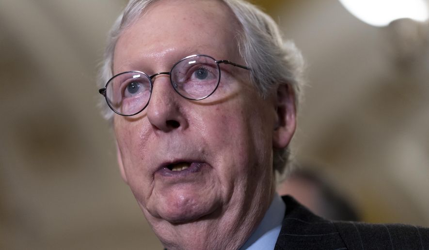 Senate Republican Leader Mitch McConnell, R-Ky., speaks to reporters following a closed-door policy meeting, at the Capitol in Washington, Tuesday, Feb. 28, 2023. A spokesman for McConnell said the senator has been hospitalized after tripping and falling Wednesday, March 8, at a hotel. (AP Photo/J. Scott Applewhite, File)