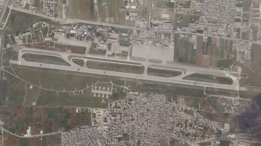 This satellite image from Planet Labs PBC shows damage on the runway of Aleppo International Airport after a suspected Israeli strike there in Aleppo, Syria, Tuesday, March 7, 2023. A suspected Israeli airstrike targeting Aleppo International Airport again tore multiple craters on its runway, satellite images analyzed by The Associated Press showed Thursday, March 9, 2023. A United Nations official separately has criticized the attack for hindering earthquake relief for the hard-hit, war-torn nation. (Planet Labs PBC via AP)