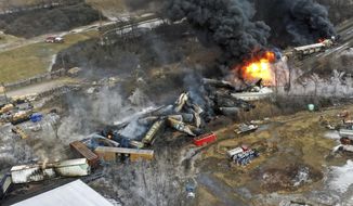 This photo taken with a drone shows portions of a Norfolk Southern freight train that derailed Feb. 3, in East Palestine, Ohio, are still on fire on Feb. 4, 2023. A Senate committee is holding a hearing Thursday, March 9, to look into the train derailment in East Palestine. (AP Photo/Gene J. Puskar, File)