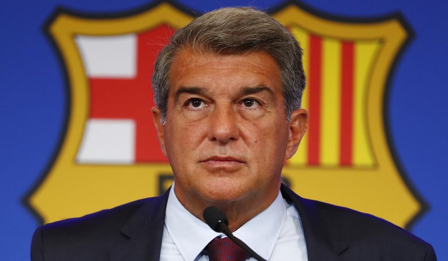 FC Barcelona club President Joan Laporta pauses during a news conference in Barcelona, Spain, on Aug. 6, 2021. Spanish state prosecutors have formally accused Barcelona soccer club of corruption because of its payments of large sums of money for several years to the vice president of the refereeing committee. The decision has been made official on Friday, March 10, 2023. (AP Photo/Joan Monfort, File)