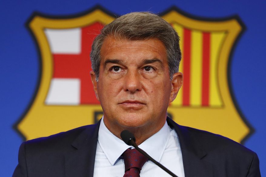 FC Barcelona club President Joan Laporta pauses during a news conference in Barcelona, Spain, on Aug. 6, 2021. Spanish state prosecutors have formally accused Barcelona soccer club of corruption because of its payments of large sums of money for several years to the vice president of the refereeing committee. The decision has been made official on Friday, March 10, 2023. (AP Photo/Joan Monfort, File)