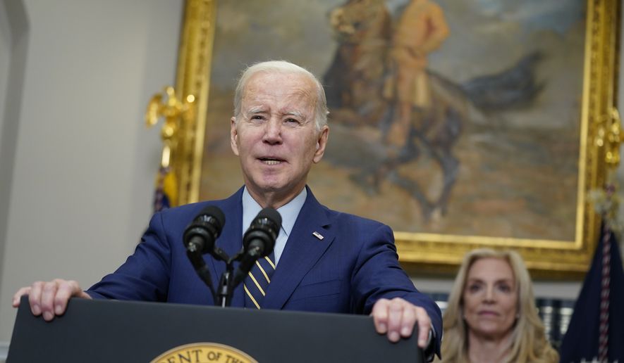 President Joe Biden speaks about the February jobs report from the Roosevelt Room of the White House, Friday, March 10, 2023, in Washington. Lael Brainard, Assistant to the President and Director of the National Economic Council, is at right. (AP Photo/Evan Vucci)