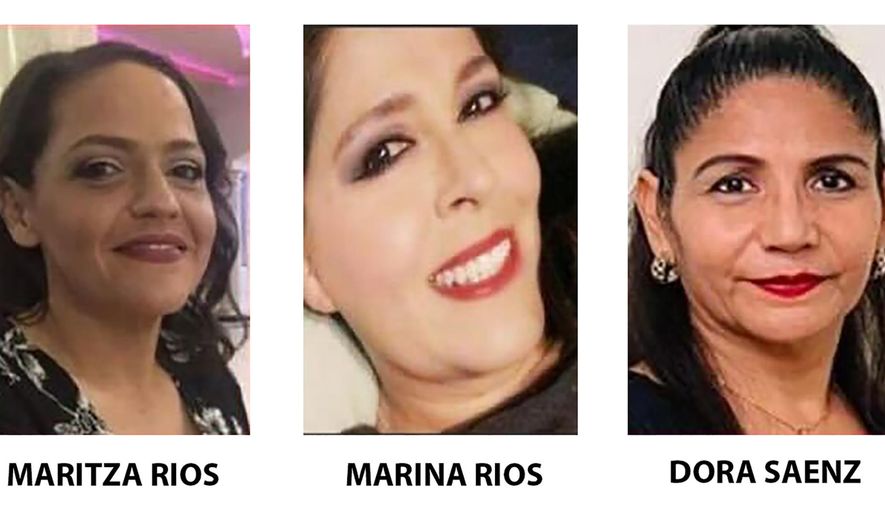 In these undated photos provided by the Penitas Police Department, from left are sisters Maritza Rios, 47, and Marina Rios, 48, and their friend, Dora Saenz, 53. On Friday, March 10, 2023, authorities said the three women haven&#x27;t been heard from since traveling from Texas into Mexico on Feb. 24 to sell clothes at a flea market. (Courtesy of Penitas Police Department via AP)