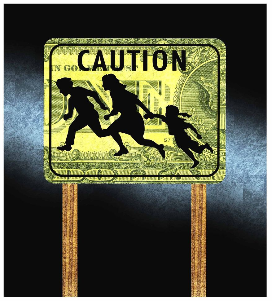 Illustration on the costs of illegal immigration by Alexander Hunter/The Washington Times