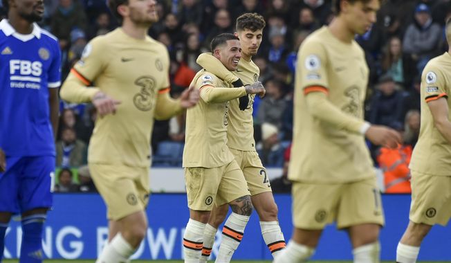 Chelsea&#x27;s Kai Havertz, back, and teammate Enzo Fernandez celebrate after scoring his side&#x27;s second goal during the English Premier League soccer match between Leicester City and Chelsea at King Power stadium in Leicester, England, Saturday, March 11, 2023. (AP Photo/Rui Vieira)