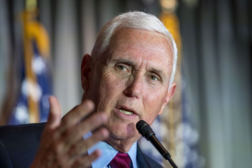Former Vice President Mike Pence speaks at a Coolidge and the American Project luncheon in the Madison Building of the Library of Congress, Feb. 16, 2023, in Washington. (AP Photo/Alex Brandon) **FILE**