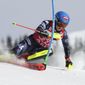 United States&#x27; Mikaela Shiffrin speeds down the course during an alpine ski, women&#x27;s World Cup slalom, in Are, Sweden, Saturday, March 11, 2023. (AP Photo/Alessandro Trovati)
