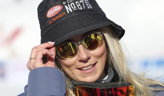 The winner United States&#x27; Mikaela Shiffrin wears an hat with n. 87, the number of her World Cup victories, one more than ski great Ingemar Stenmark, after an alpine ski, women&#x27;s World Cup slalom, in Are, Sweden, Saturday, March 11, 2023. (AP Photo/Alessandro Trovati) **FILE**