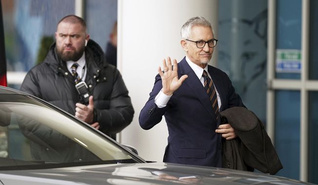 Soccer broadcaster Gary Lineker arrives ahead of the English Premier League soccer match between Leicester City and Chelsea, at the King Power Stadium, in Leicester, England, Saturday, March 11, 2023. (Mike Egerton/PA via AP)