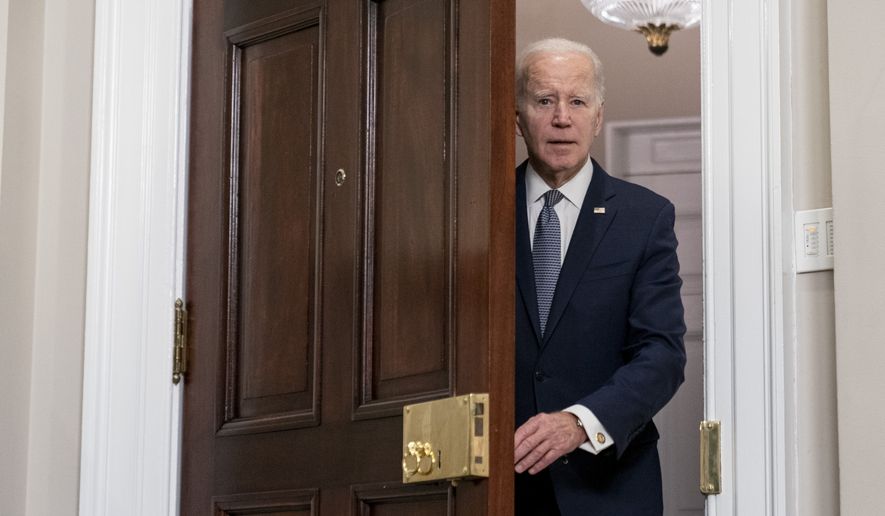 President Joe Biden arrives to speak about the banking system in the Roosevelt Room of the White House in Washington, Monday, March 13, 2023. (AP Photo/Andrew Harnik)