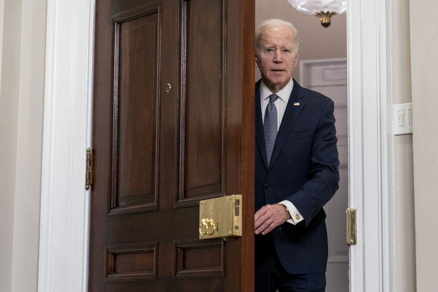President Joe Biden arrives to speak about the banking system in the Roosevelt Room of the White House in Washington, Monday, March 13, 2023. (AP Photo/Andrew Harnik)