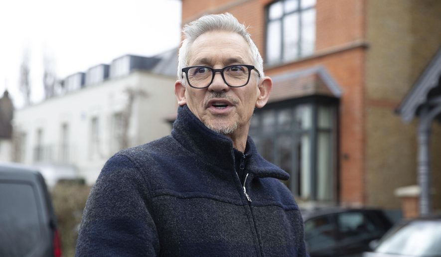 Match Of The Day host Gary Lineker outside his home in London, Sunday, March 12, 2023. Lineker will return to airwaves after the BBC reversed the former soccer great&#x27;s suspension on Monday, March 13, 2023, following a post on Twitter that had criticized the British government’s new asylum policy. (Lucy North/PA via AP, File)