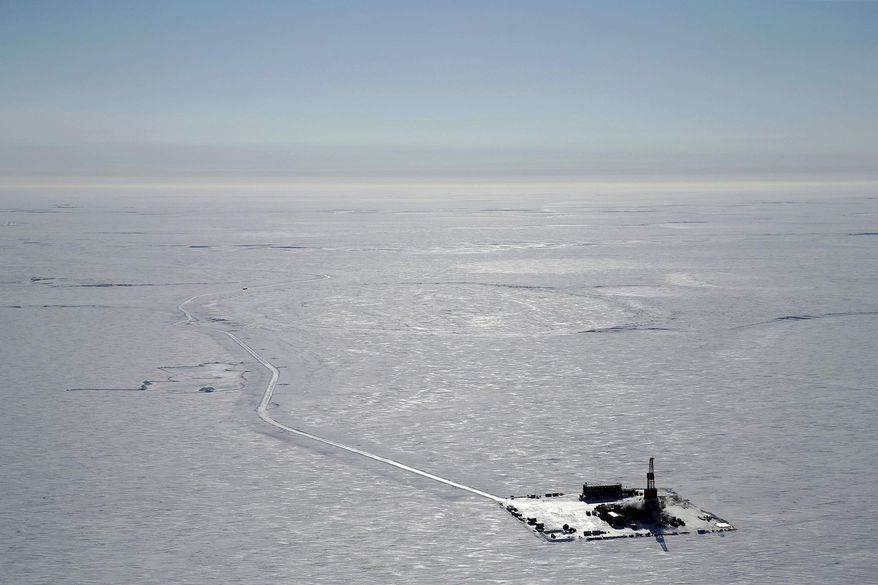 This 2019 aerial photo provided by ConocoPhillips shows an exploratory drilling camp at the proposed site of the Willow oil project on Alaska&#x27;s North Slope. (ConocoPhillips via AP, File)