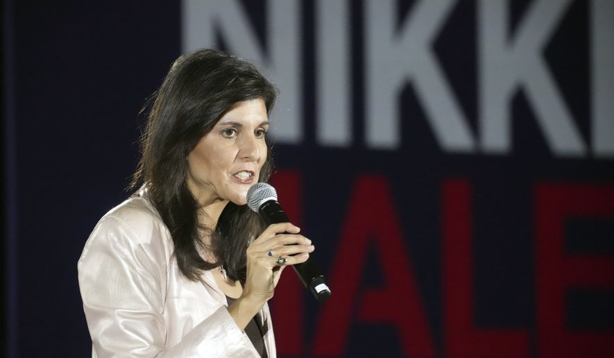 Former South Carolina Gov. Nikki Haley, a candidate for the 2024 Republican presidential nomination, speaks during a campaign rally on Monday, March 13, 2023, in Myrtle Beach, S.C. (AP Photo/Meg Kinnard)