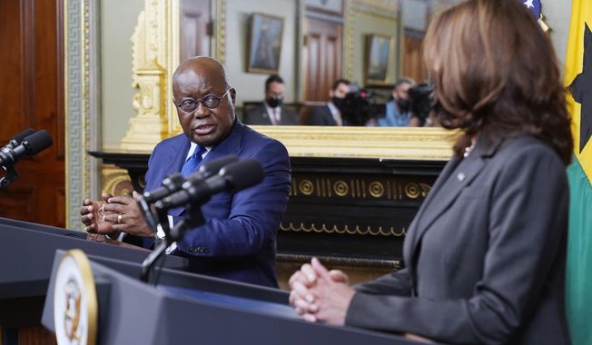 Vice President Kamala Harris meets with Ghana&#x27;s President Nana Addo Dankwa Akufo-Addo, Sept. 23, 2021, in Harris&#x27; ceremonial office in the Eisenhower Executive Office Building on the White House complex in Washington. Harris will be the latest and most high-profile administration official to visit Africa this year as the U.S. deepens its outreach to the continent. (AP Photo/Jacquelyn Martin, File)
