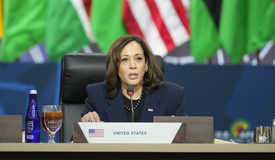 Vice President Kamala Harris speaks at a working lunch during the U.S. Africa Leaders Summit at the Walter E. Washington Convention Center in Washington, Dec. 15, 2022. Harris will be the latest and most high-profile administration official to visit Africa this year as the U.S. deepens its outreach to the continent. (AP Photo/Andrew Harnik, File)