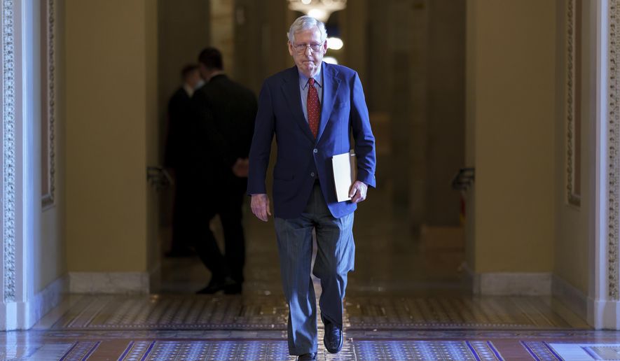 FILE - Senate Minority Leader Mitch McConnell, R-Ky., walks to the chamber for a test vote on a government spending bill, at the Capitol in Washington, Monday, Sept. 27, 2021. McConnell, 81, has been hospitalized after tripping and falling at a hotel as he was attending a private dinner at a Washington hotel Wednesday night, March 8, 2023. (AP Photo/J. Scott Applewhite, File)