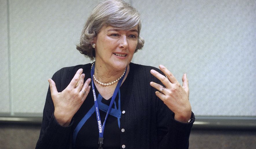 Pat Schroeder speaks to a reporter during an interview at the Los Angeles Convention Center on April 30, 1999. Schroeder, a former Colorado representative and pioneer for women’s and family rights in Congress, died Monday night, March 13, 2023, at the age of 82. Schroeder&#x27;s former press secretary, Andrea Camp, said Schroeder suffered a stroke recently and died at a hospital in Florida, the state where she had been residing. (AP Photo/Nick Ut, File)