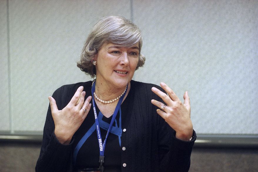 Pat Schroeder speaks to a reporter during an interview at the Los Angeles Convention Center on April 30, 1999. Schroeder, a former Colorado representative and pioneer for women’s and family rights in Congress, died Monday night, March 13, 2023, at the age of 82. Schroeder&#x27;s former press secretary, Andrea Camp, said Schroeder suffered a stroke recently and died at a hospital in Florida, the state where she had been residing. (AP Photo/Nick Ut, File)