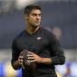 San Francisco 49ers quarterback Jimmy Garoppolo warms up prior to an NFL football game against the Los Angeles Rams on Oct. 30, 2022, in Inglewood, Calif. Garoppolo has agreed to a three-year, $67.5 million contract with the Las Vegas Raiders, according to a person with knowledge of the deal. The person spoke on condition of anonymity because the deal can’t be announced until Wednesday, March 15, 2023. (AP Photo/Ashley Landis, File) **FILE**