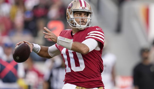 San Francisco 49ers quarterback Jimmy Garoppolo (10) passes against the New Orleans Saints during the second half of an NFL football game on Nov. 27, 2022, in Santa Clara, Calif. Garoppolo has agreed to a three-year, $67.5 million contract with the Las Vegas Raiders, according to a person with knowledge of the deal. The person spoke on condition of anonymity because the deal can’t be announced until Wednesday, March 15, 2023. (AP Photo/Godofredo A. Vásquez, File)