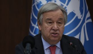 United Nations Secretary-General Antonio Guterres speaks to reporters during a news conference, in Baghdad, Iraq, Wednesday, March.1, 2023. (AP Photo/Hadi Mizban, File)