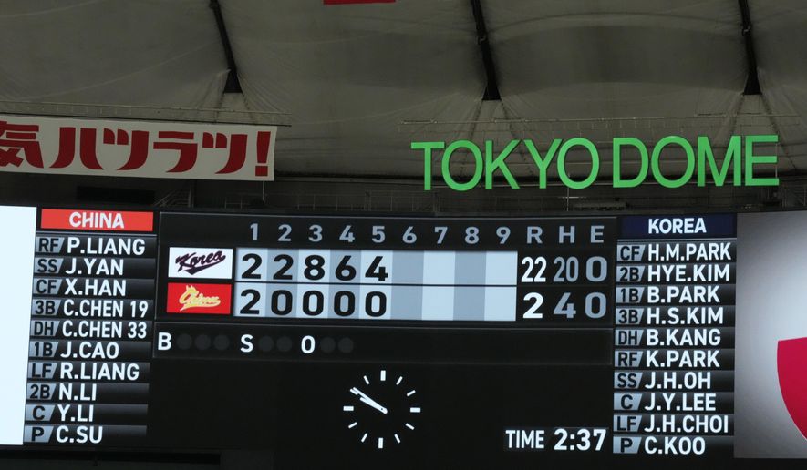 A scoreboard is seen after finishing the first round Pool B game between the South Korea and China at the World Baseball Classic (WBC) at Tokyo Dome in Tokyo, Japan, Monday, March 13, 2023. (AP Photo/Eugene Hoshiko)