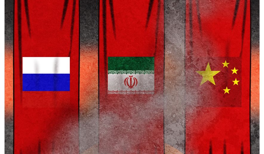 Illustration on the new axis of tyranny (China, Russia and Iran) by Alexander Hunter/The Washington Times