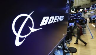 In this March 11, 2019, file photo, the Boeing logo appears above a trading post on the floor of the New York Stock Exchange. Saudi Arabia is buying up to 121 jetliners from Boeing in a big boost for the American manufacturer. The deal was expected to be announced Tuesday, March 14, 2023. (AP Photo/Richard Drew, File)