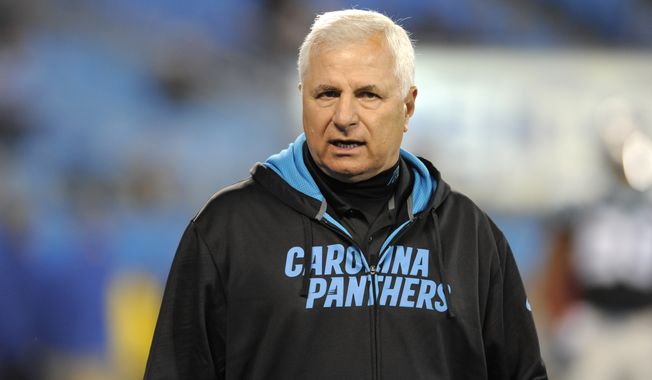 FILE - Then-Carolina Panthers offensive line coach John Matsko is shown prior to an NFL football game against the New Orleans Saints in Charlotte, N.C., Thursday, Oct. 30, 2014. The Washington Commanders have fired offensive line coach John Matsko, according to a person with knowledge of the decision. The person spoke to The Associated Press on condition of anonymity Tuesday, March 14, 2023, because the team had not announced the move. (AP Photo/Mike McCarn, File)