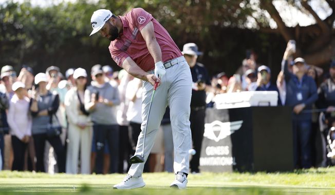 Jon Rahm hits from the 11th tee during the final round of the Genesis Invitational golf tournament at Riviera Country Club, Sunday, Feb. 19, 2023, in the Pacific Palisades area of Los Angeles. (AP Photo/Ryan Kang) **FILE**