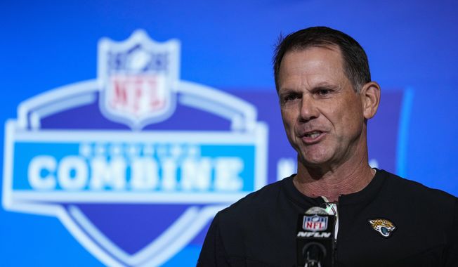 Jacksonville Jaguars general manager Trent Baalke speaks during a press conference at the NFL football scouting combine in Indianapolis, Tuesday, Feb. 28, 2023. (AP Photo/Michael Conroy)