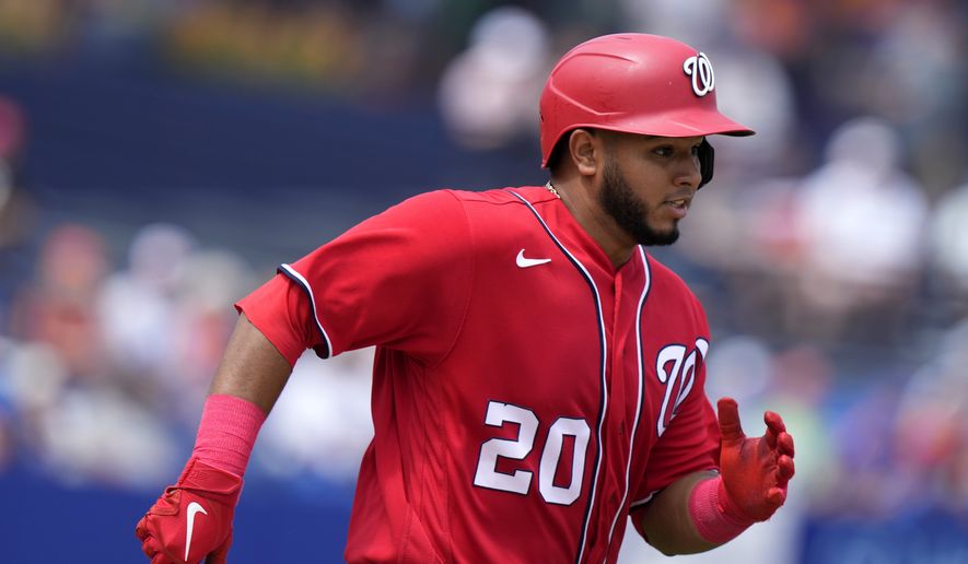 Washington Nationals&#x27; Keibert Ruiz (20) grounds out during the first inning of a spring training baseball game against the New York Mets, Tuesday, March 14, 2023, in Port St. Lucie, Fla. (AP Photo/Lynne Sladky) **FILE**