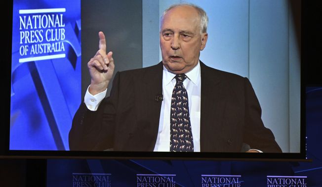 Former Australian Prime Minister Paul Keating appears by video link as he addresses the National Press Club in Canberra, Wednesday, March 15, 2023. Keating on Wednesday launched a blistering attack on his nation’s plan to buy nuclear-powered submarines from the United States to modernize its fleet, saying “it must be the worst deal in all history.” (Mick Tsikas/AAP Image via AP)