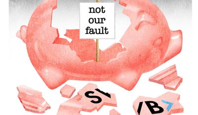 Illustration on the failure of Silicon Valley Bank (SVB) by Alexander Hunter/The Washington Times