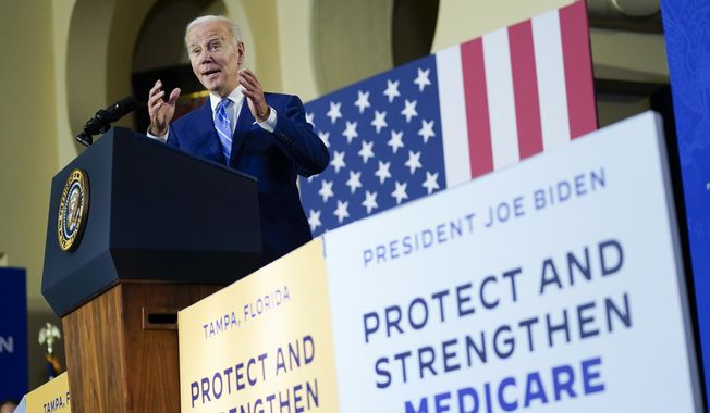 President Joe Biden speaks about his administration&#x27;s plans to protect Social Security and Medicare and lower health care costs, Feb. 9, 2023, at the University of Tampa in Tampa, Fla. Biden will highlight the stark differences in how Democrats are tackling skyrocketing drug prices compared to their Republican counterparts as he gears up for an expected reelection announcement. (AP Photo/Patrick Semansky, File)