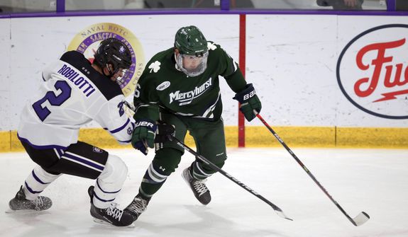 Holy Cross&#x27;s Jack Robilotti (2) defends Mercyhurst&#x27;s Carson Briere (6) during the first half of an NCAA hockey game on Friday, Nov. 12, 2021, in Worcester, Mass. The son of Philadelphia Flyers interim general manager Danny Briere has apologized after a video posted on social media showed him pushing an empty wheelchair down a set of stairs. Mercyhurst University hockey player Carson Briere issued his apology in a statement released by the NHL’s Flyers on Wednesday, March 15, 2023. (AP Photo/Stew Milne, File) **FILE**