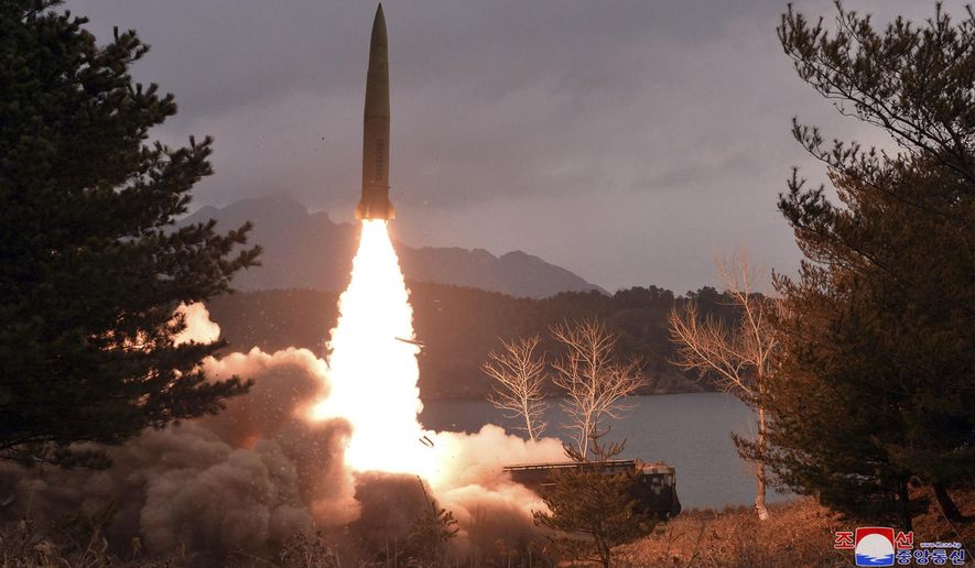 This photo provided by the North Korean government shows what it says is a ballistic missile the country test-fired in North Korea on Tuesday, March 14, 2023. North Korea test-fired at least two short-range ballistic missiles Tuesday from the southwestern coastal town of Jangyon, South Korea’s Joint Chiefs of Staff said in a statement. Independent journalists were not given access to cover the event depicted in this image distributed by the North Korean government. The content of this image is as provided and cannot be independently verified. Korean language watermark on image as provided by source reads: &quot;KCNA&quot; which is the abbreviation for Korean Central News Agency. (Korean Central News Agency/Korea News Service via AP)