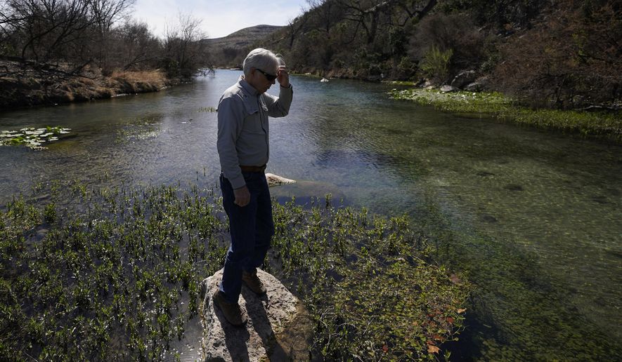 Rancher Randy Nunns overlooks the Devil&#x27;s River near Del Rio, Texas, Thursday, Feb. 16, 2023. Nunns and fellow landowners along the Devil&#x27;s River argue that proposed wind turbines would kill birds, bats and disrupt monarch butterflies migrating to Mexico and impact ecotourism, a main source of income for many. (AP Photo/Eric Gay)