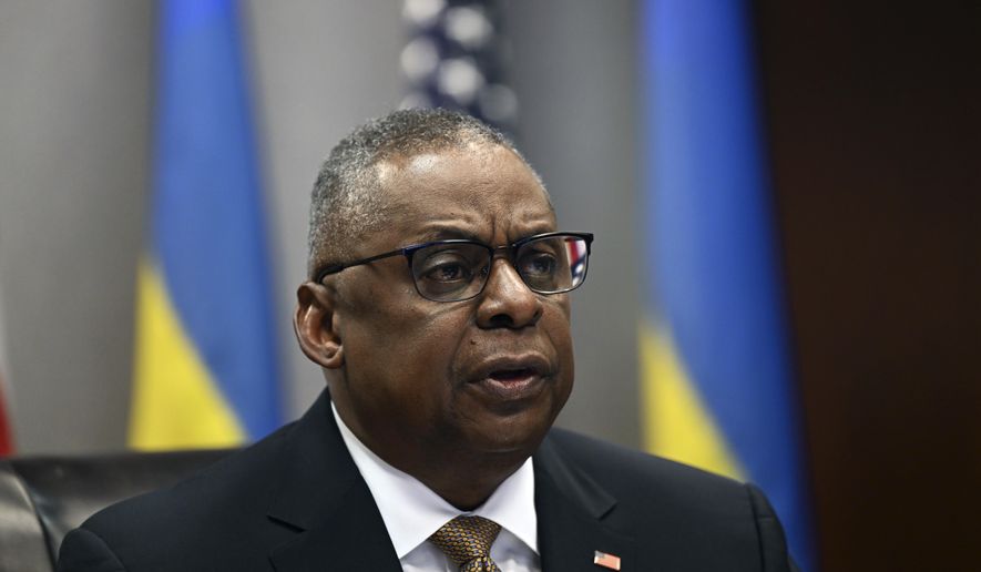 Defense Secretary Lloyd Austin attends a virtual meeting of the Ukraine Defense Contact Group, Wednesday, March 15, 2023, at the Pentagon in Washington. (Andrew Caballero-Reynolds/Pool via AP)
