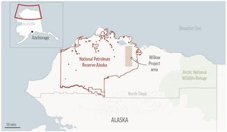 Map locates the Willow oil-drilling project in Alaska’s Western Arctic, which the Biden administration approved March 13.