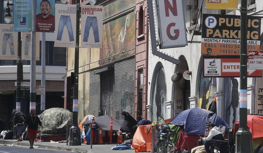 FILE - Tents line a sidewalk on Golden Gate Avenue in San Francisco, Saturday, April 18, 2020. California Gov. Gavin Newsom will discuss homelessness in Sacramento, Calif., on Thursday, March 16, 2023, to kick off a four-day policy tour in lieu of a traditional State of the State address. (AP Photo/Jeff Chiu, File)