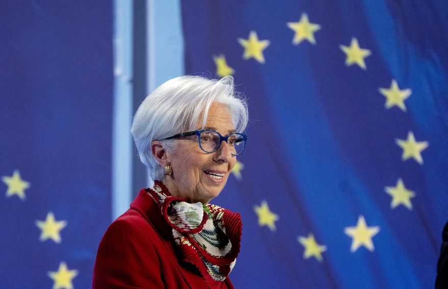 President of European Central Bank Christine Lagarde speaks during a press conference in Frankfurt, Germany, Thursday, March 16, 2023, after a meeting of the ECB&#x27;s governing council. (AP Photo/Michael Probst)