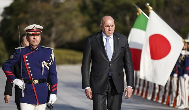 Italy&#x27;s Defense Minister Guido Crosetto, center, inspects a Guard of Honor before a bilateral meeting with Japan&#x27;s Defense Minister Yasukazu Hamada Thursday, March 16, 2023, in Tokyo, Japan. (Takashi Aoyama/Pool Photo via AP) **FILE**