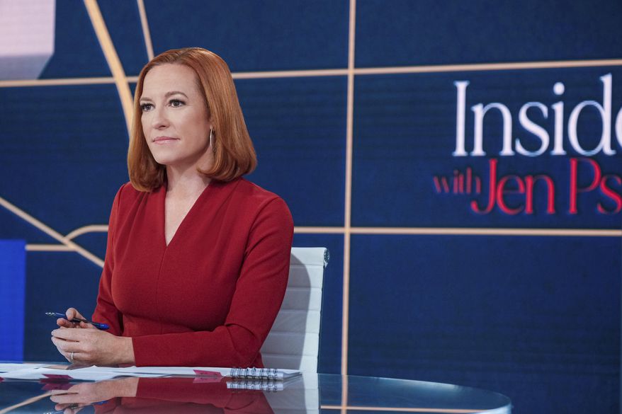 This image released by MSNBC shows host Jen Psaki on the set of her new show &quot;Inside with Jen Psaki&quot; in Washington. Psaki begins the weekly Sunday show this weekend. (William B. Plowman/NBC via AP)
