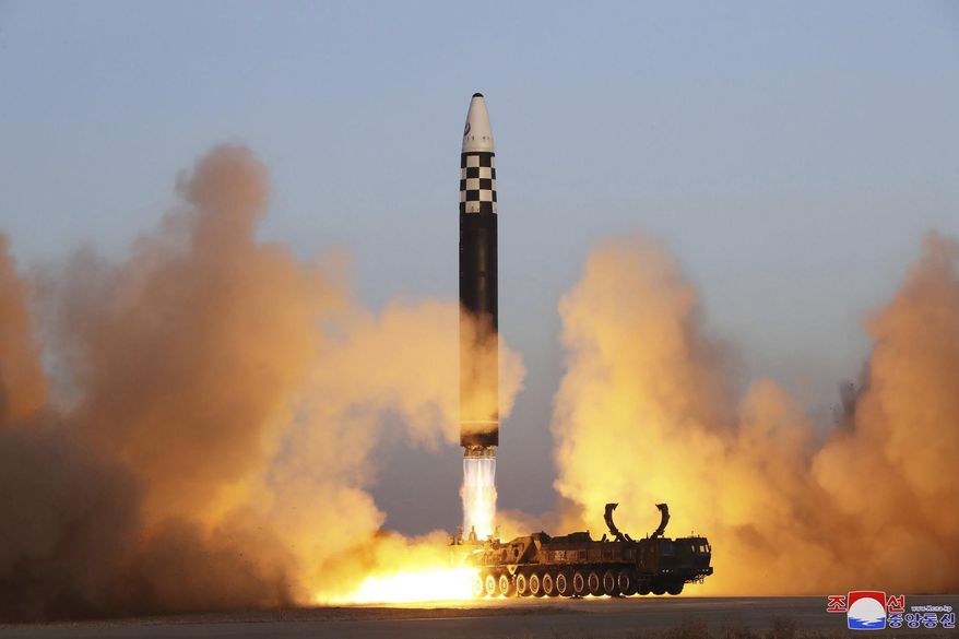 This photo provided by the North Korean government shows what it says is an intercontinental ballistic missile in a launching drill at the Sunan international airport in Pyongyang, North Korea, Thursday, March 16, 2023. Independent journalists were not given access to cover the event depicted in this image distributed by the North Korean government. The content of this image is as provided and cannot be independently verified. Korean language watermark on image as provided by source reads: &quot;KCNA&quot; which is the abbreviation for Korean Central News Agency. (Korean Central News Agency/Korea News Service via AP)