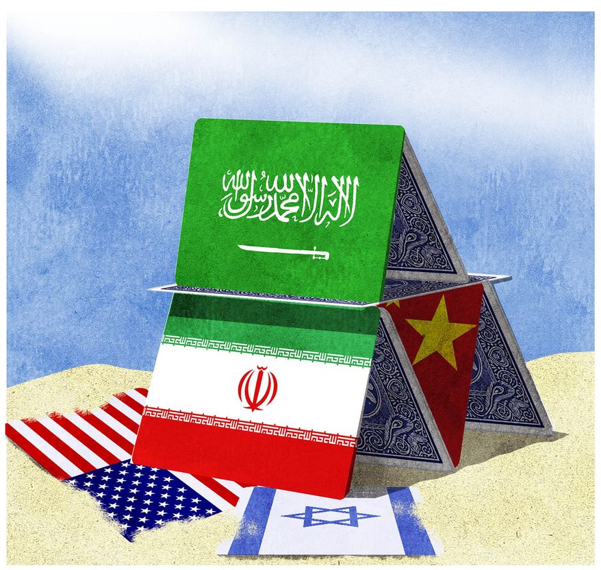 Illustration on China&#x27;s help in a new Saudi/Iran agreement by Alexander Hunter/The Washington Times