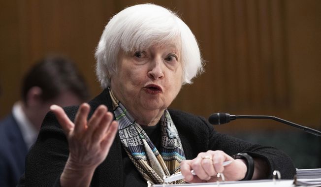 Treasury Secretary Janet Yellen testifies before the Senate Finance Committee about President Joe Biden&#x27;s proposed budget request for the fiscal year 2024, Thursday, March 16, 2023, on Capitol Hill in Washington. (AP Photo/Jacquelyn Martin) ** FILE **