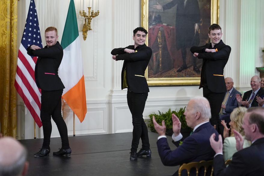President Joe Biden and first lady Jill Biden watch Irish dance group Cairde perform at a St. Patrick&#x27;s Day celebration in the East Room of the White House, March 17, 2022, in Washington. Biden is set to host Ireland&#x27;s prime minister on Friday, March 17, 2023, after the pandemic scuttled the longstanding St. Patrick&#x27;s Day meetup two years in a row. (AP Photo/Patrick Semansky)